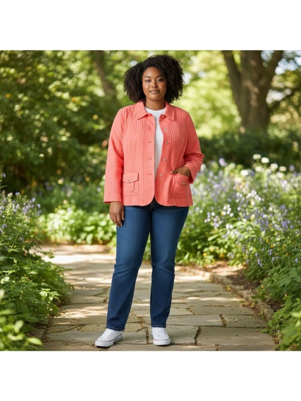 Coldwater Creek Womens 20 Jacket Orange Textured Cotton Pockets Snaps Spring